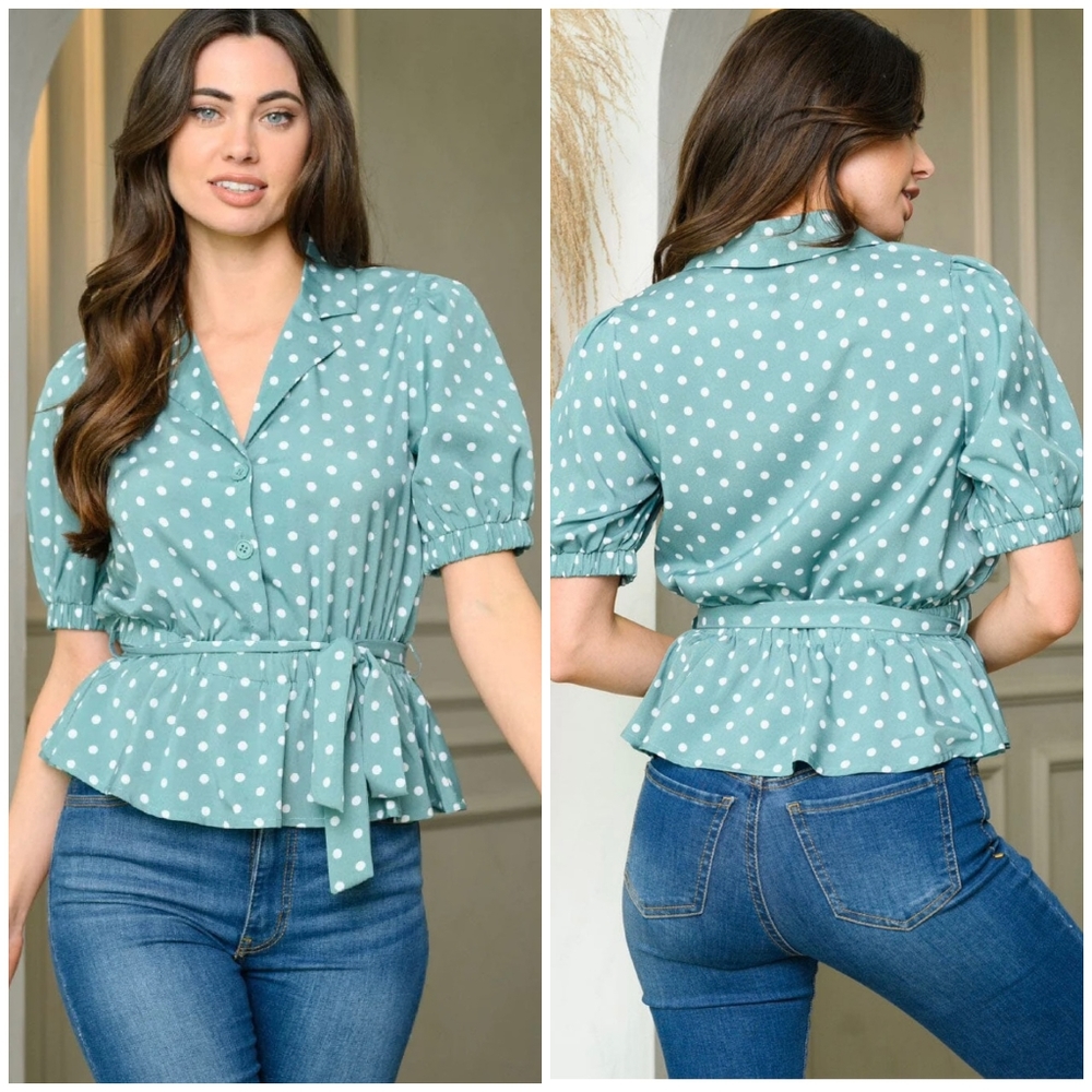 FEW LEFT❗️Retro Vintage Chic Aqua Polka Dot Short Sleeve Peplum Top - Picture 5 of 5